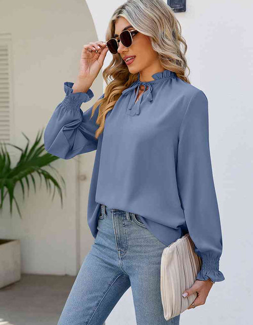 Load image into Gallery viewer, Tie Neck Flounce Sleeve Blouse
