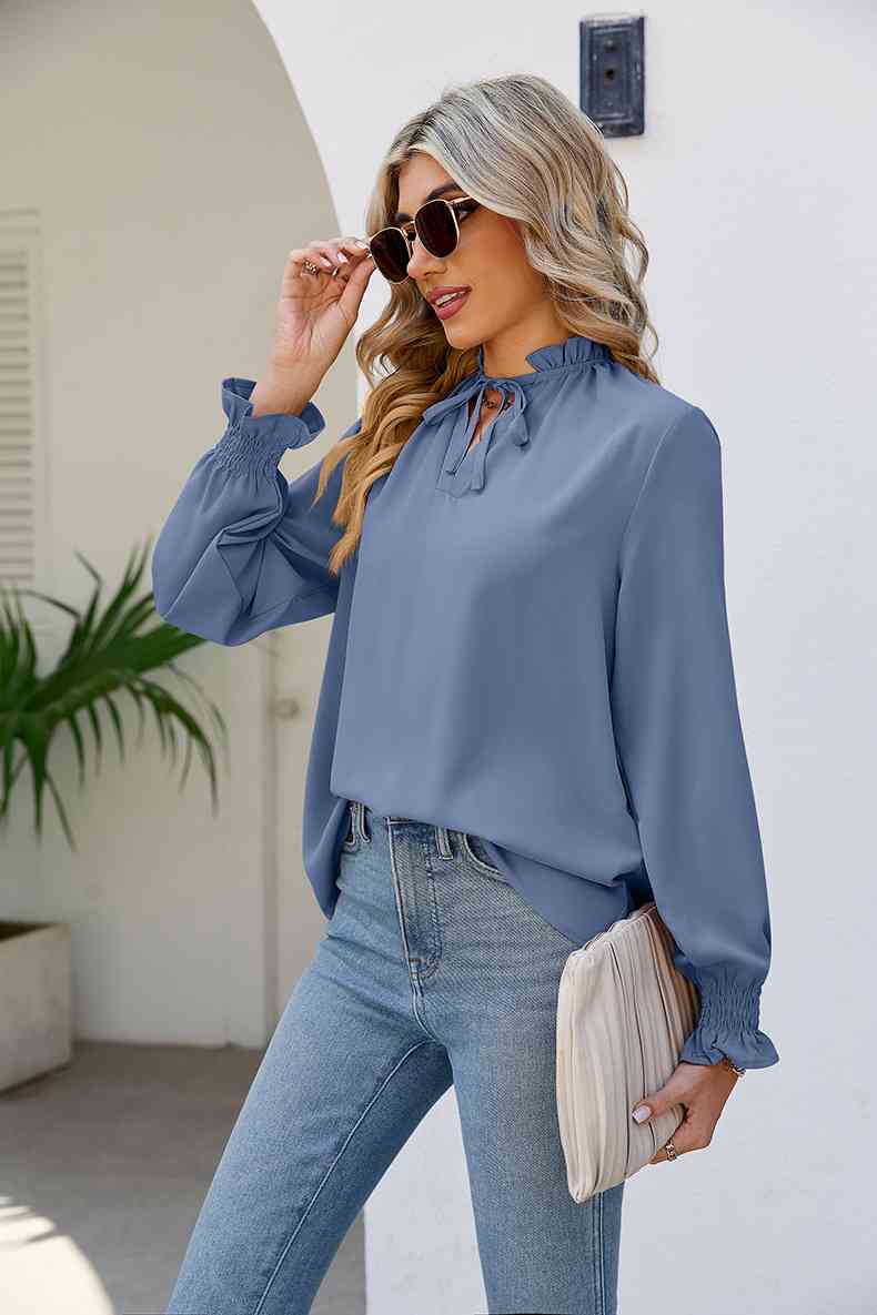 Tie Neck Flounce Sleeve Blouse