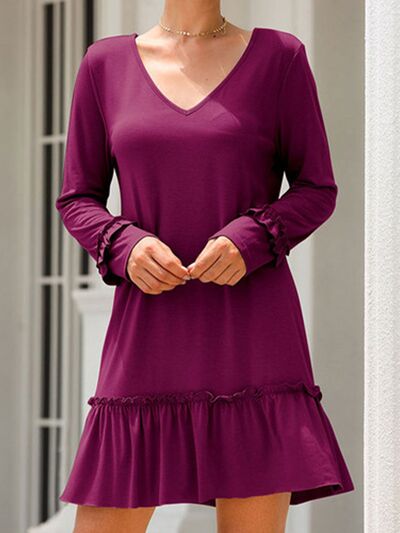 Load image into Gallery viewer, Frill V-Neck Long Sleeve Mini Dress
