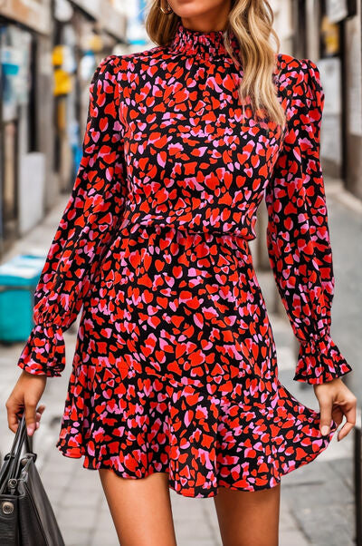 Load image into Gallery viewer, Heart Printed Mock Neck Flounce Sleeve Dress
