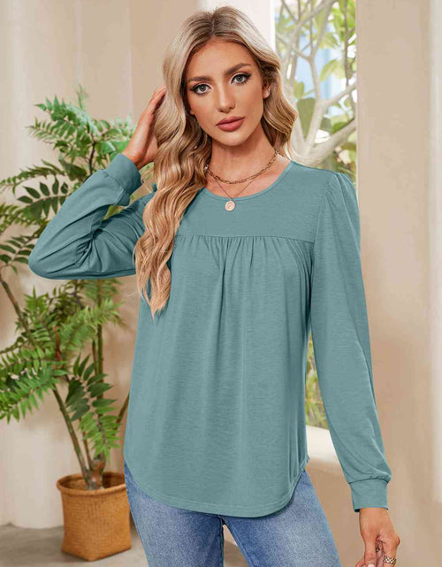 Load image into Gallery viewer, Ruched Round Neck Long Sleeve Blouse
