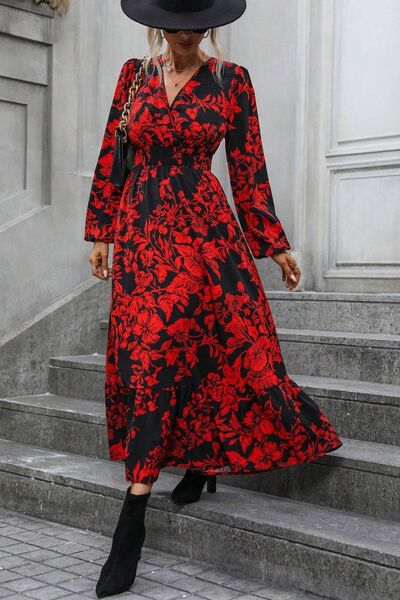 Load image into Gallery viewer, Printed Surplice Balloon Sleeve Midi Dress
