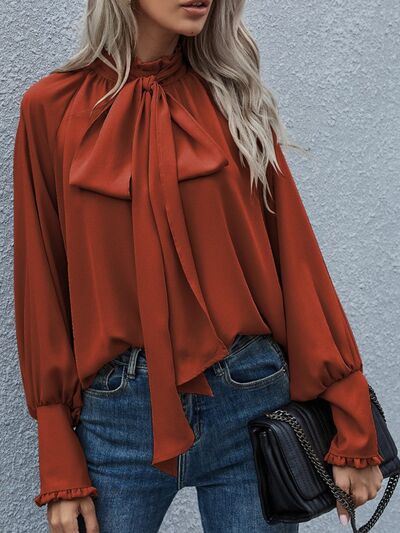 Load image into Gallery viewer, Tie Neck Lantern Sleeve Blouse
