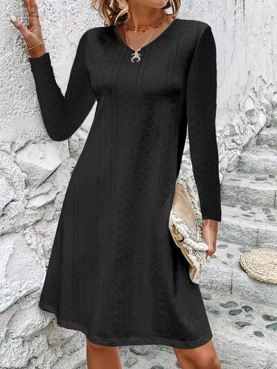 Load image into Gallery viewer, Eyelet V-Neck Long Sleeve Mini Dress
