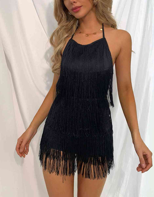 Load image into Gallery viewer, Fringed Halter Neck Tied Back Mini Dress
