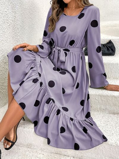 Load image into Gallery viewer, Tied Polka Dot Round Neck Ruffle Hem Dress
