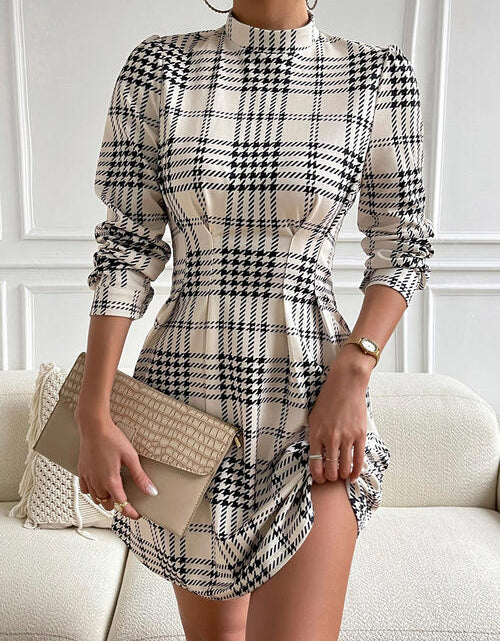 Load image into Gallery viewer, Houndstooth Mock Neck Cinched Mini Dress
