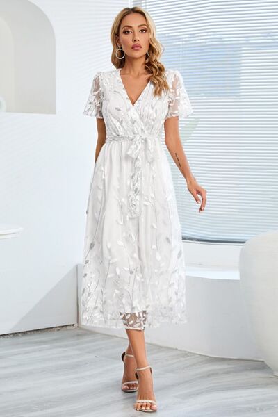 Load image into Gallery viewer, Sequin Leaf Embroidery Tie Front Short Sleeve Dress
