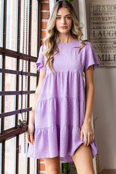 Load image into Gallery viewer, Heimish Full Size Swiss Dot Short Sleeve Tiered Dress
