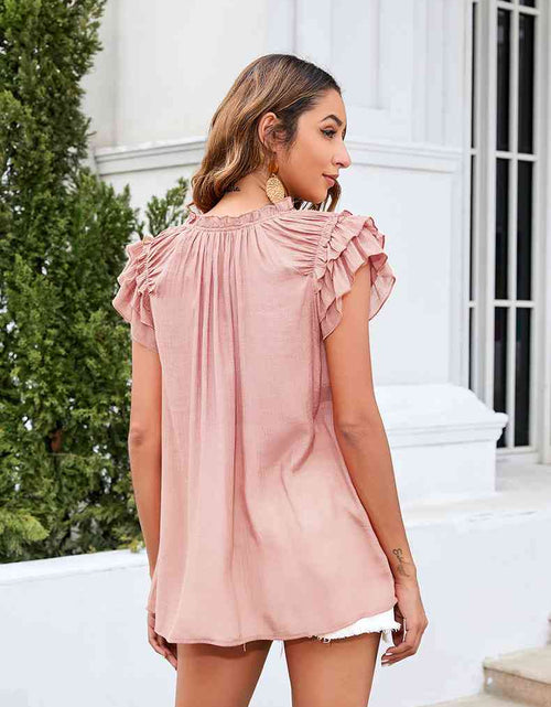 Load image into Gallery viewer, Tie Neck Ruffle Trim Blouse
