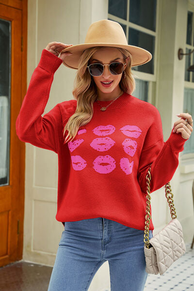 Load image into Gallery viewer, Contrast Lip Pattern Round Neck Slit Sweater
