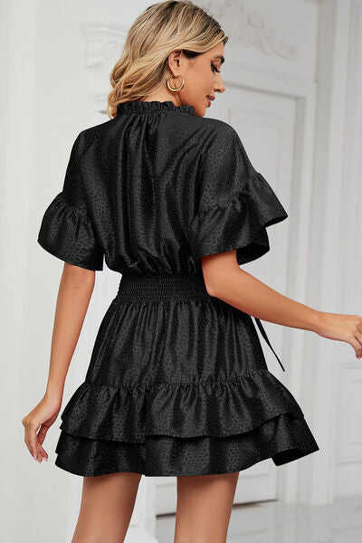 Load image into Gallery viewer, Smocked Tie Neck Flounce Sleeve Dress
