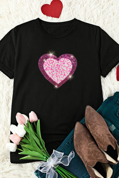 Load image into Gallery viewer, Heart Sequin Round Neck Short Sleeve T-Shirt
