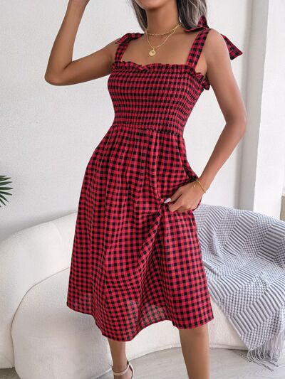 Load image into Gallery viewer, Frill Plaid Square Neck Midi Dress
