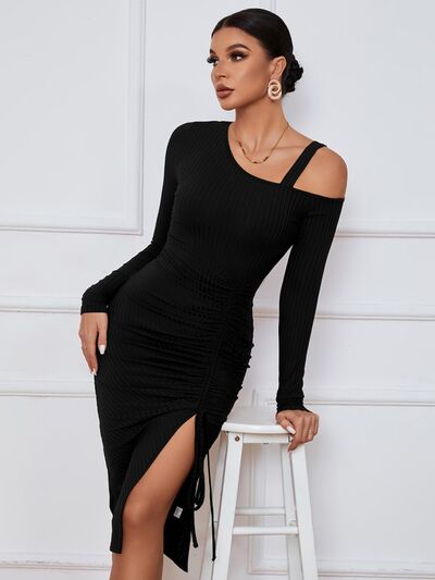 Load image into Gallery viewer, Ribbed Ruched Drawstring Wrap Dress
