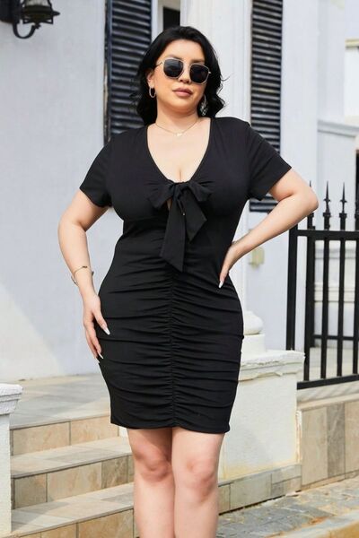 Load image into Gallery viewer, Plus Size Ruched Tied Short Sleeve Mini Dress
