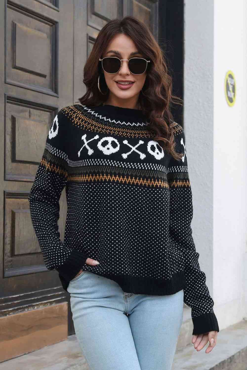 Ghost Pattern Round Neck Long Sleeve Sweater