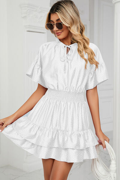 Load image into Gallery viewer, Smocked Tie Neck Flounce Sleeve Dress
