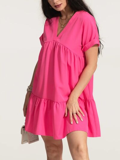 Load image into Gallery viewer, V-Neck Short Sleeve Ruffle Hem Dress
