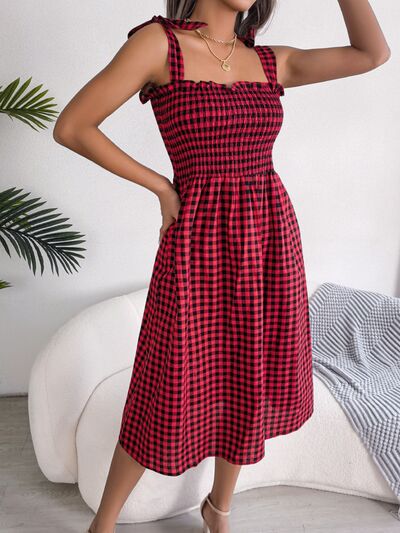 Load image into Gallery viewer, Frill Plaid Square Neck Midi Dress
