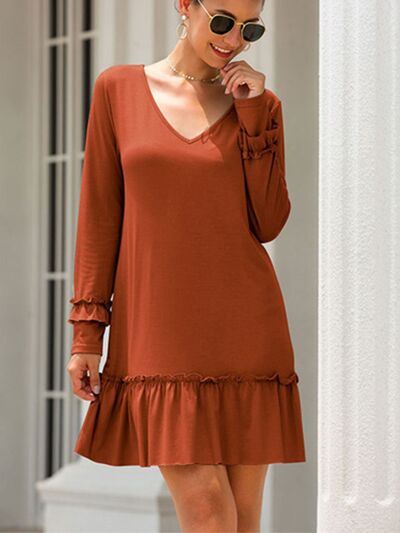 Load image into Gallery viewer, Frill V-Neck Long Sleeve Mini Dress
