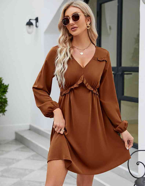 Load image into Gallery viewer, Frill Trim V-Neck Long Sleeve Dress
