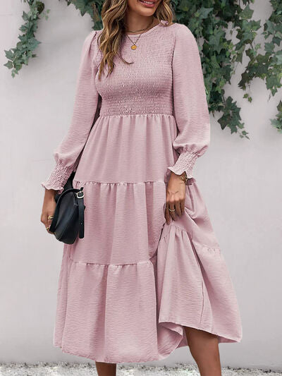 Load image into Gallery viewer, Smocked Round Neck Long Sleeve Midi Dress
