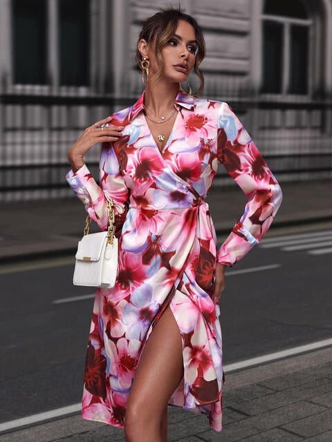 Load image into Gallery viewer, Floral Print Collared Neck  Slit Dress
