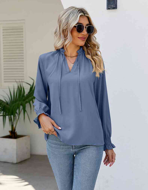 Load image into Gallery viewer, Tie Neck Flounce Sleeve Blouse
