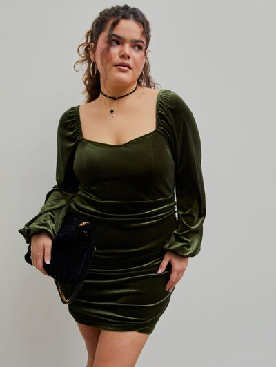 Load image into Gallery viewer, Plus Size Ruched Square Neck Balloon Sleeve Wrap Dress
