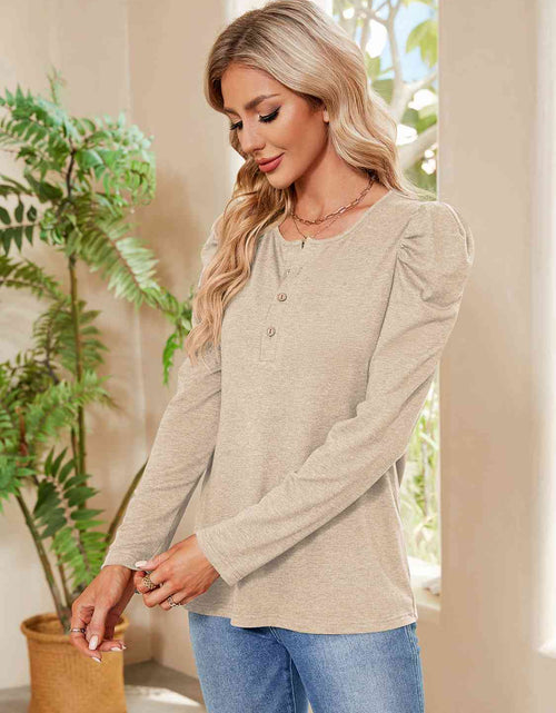 Load image into Gallery viewer, Buttoned Round Neck Puff Sleeve T-Shirt
