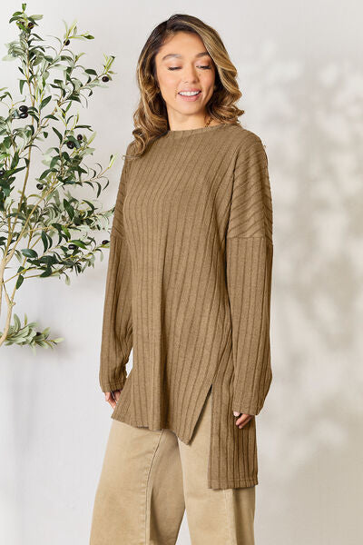 Load image into Gallery viewer, Basic Bae Full Size Ribbed Round Neck Long Sleeve Slit Top
