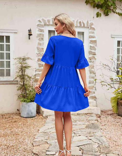 Load image into Gallery viewer, Ruffle Trim Tie Neck Flounce Sleeve Tiered Dress
