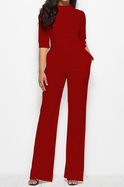 Load image into Gallery viewer, Mock Neck Tie-Waist Half Sleeve Jumpsuit
