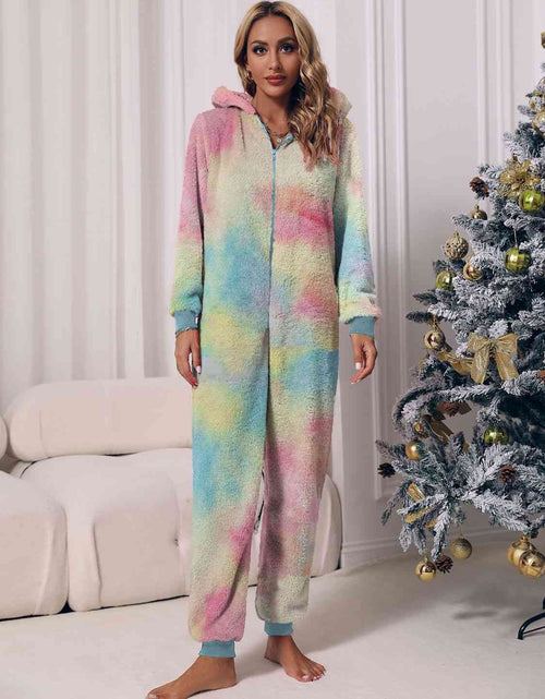 Load image into Gallery viewer, Zip Front Long Sleeve Hooded Teddy Lounge Jumpsuit
