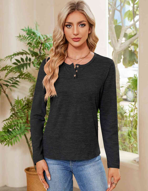 Load image into Gallery viewer, Buttoned Round Neck  Long Sleeve T-Shirt
