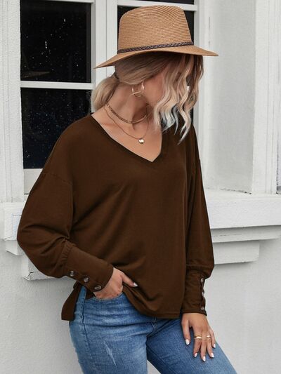 Load image into Gallery viewer, Decorative Button V-Neck Long Sleeve T-Shirt
