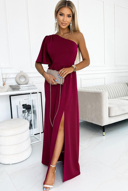 Load image into Gallery viewer, One shoulder Flutter sleeves Slit Dress
