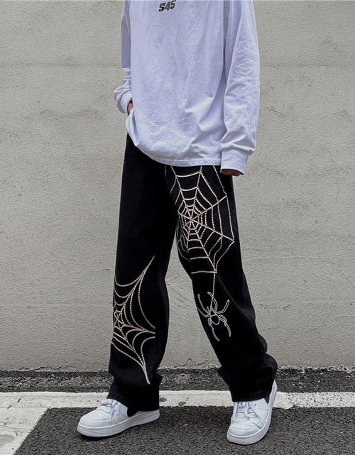 Load image into Gallery viewer, Men&#39;s Black Streetwear Spider Web Pants
