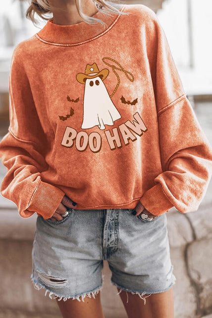 Load image into Gallery viewer, BOO HAW Ghost Graphic Dropped Shoulder Round Neck Sweatshirt
