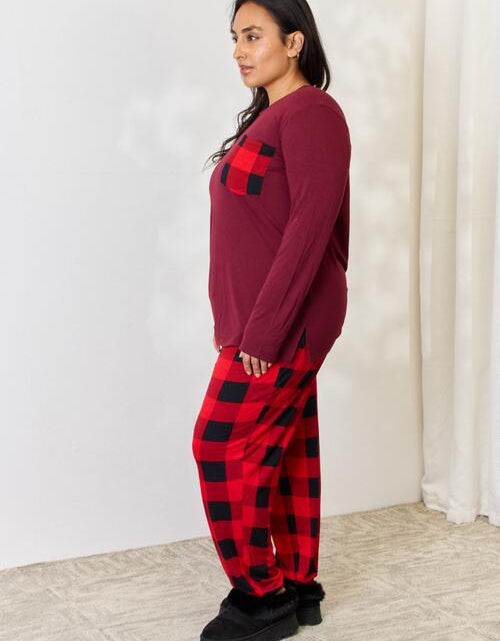 Load image into Gallery viewer, Zenana Full Size Plaid Round Neck Top and Pants Pajama Set
