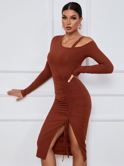 Load image into Gallery viewer, Ribbed Ruched Drawstring Wrap Dress
