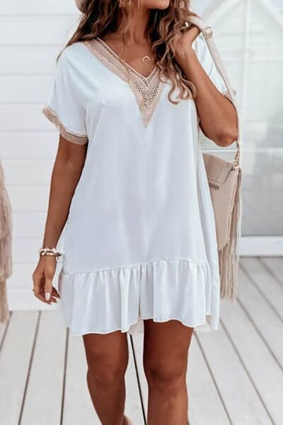 Load image into Gallery viewer, Openwork V-Neck Short Sleeve Mini Dress
