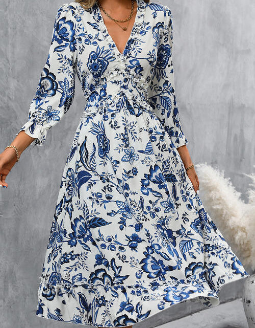 Load image into Gallery viewer, Printed V-Neck Ruffle Hem Flounce Sleeve Dress
