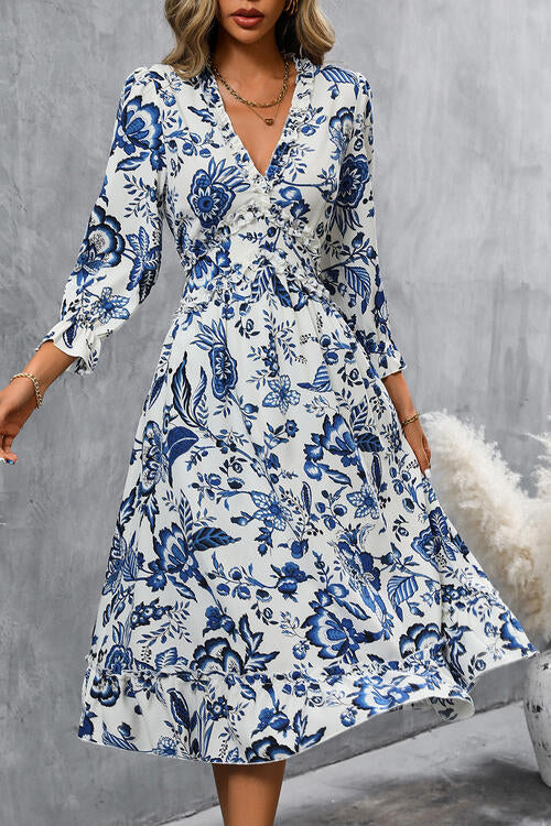 Printed V-Neck Ruffle Hem Flounce Sleeve Dress