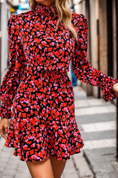 Load image into Gallery viewer, Heart Printed Mock Neck Flounce Sleeve Dress
