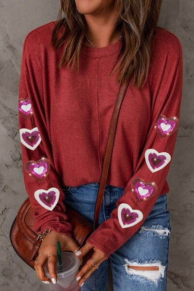 Load image into Gallery viewer, Heart Sequin Round Neck Long Sleeve T-Shirt
