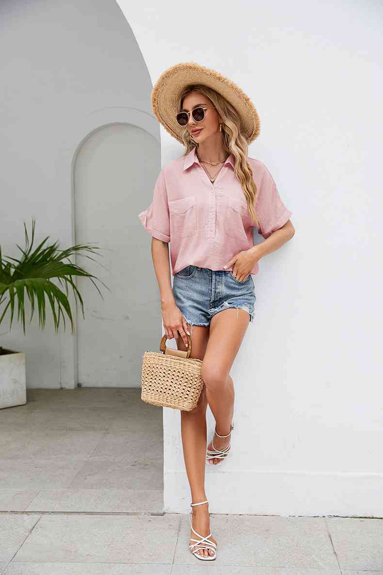 Half Button Johnny Collar Blouse