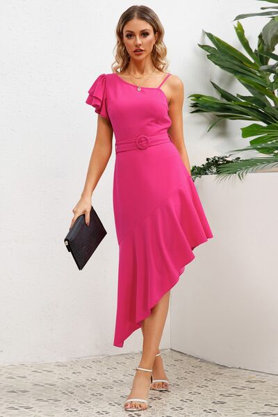 Load image into Gallery viewer, Ruffled Asymmetrical Neck Flutter Sleeve Dress
