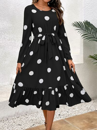 Load image into Gallery viewer, Tied Polka Dot Round Neck Ruffle Hem Dress
